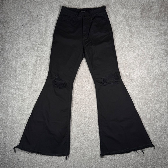 Cello Denim - CELLO Black Flared Jeans‎ Ripped Distressed High Rise Bell Bottom Size 7 - 28